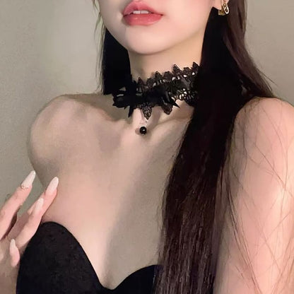 Pendant Bead Choker Bow Lace