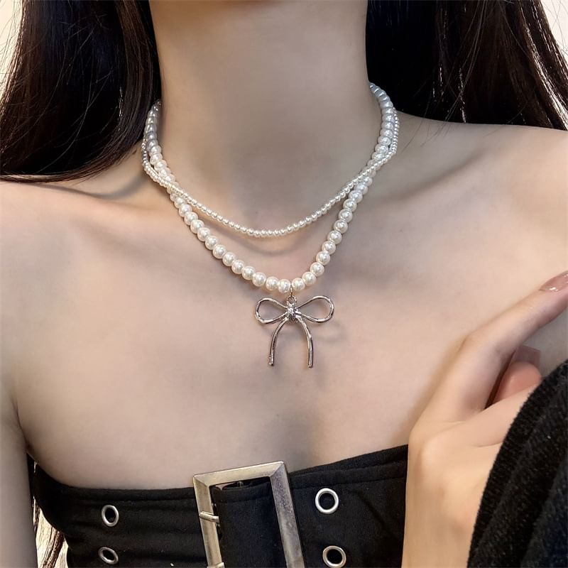 Necklace Pendant Faux Bow Pearl