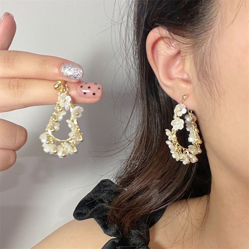 Earring Pearl Faux Hoop Floral Fringed
