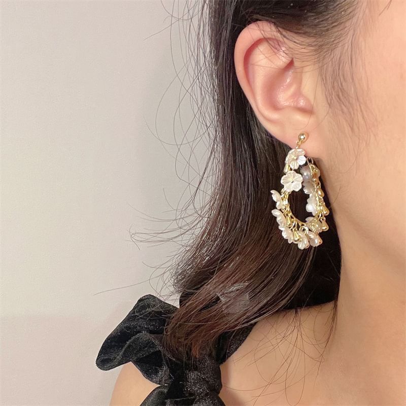 Earring Pearl Faux Hoop Floral Fringed