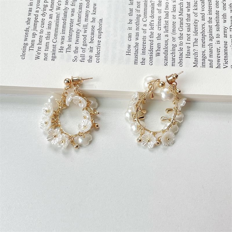Earring Pearl Faux Hoop Floral Fringed