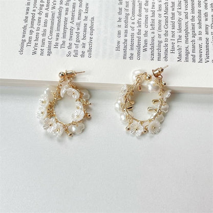 Earring Pearl Faux Hoop Floral Fringed