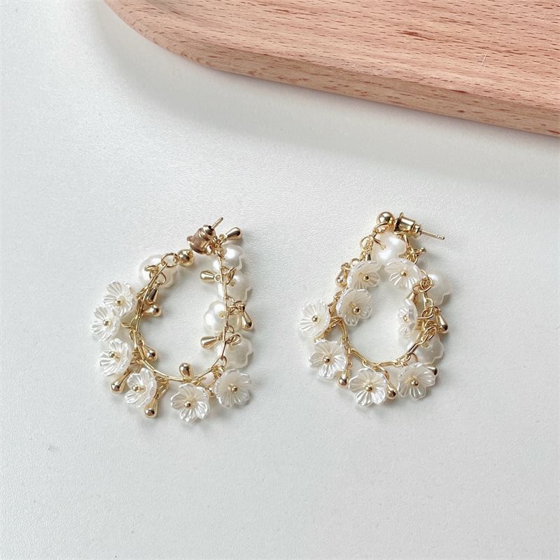 Earring Pearl Faux Hoop Floral Fringed