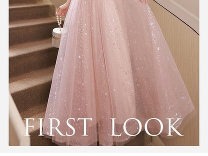 Evening Gown Glitter A-Line Short-Sleeve Dress / Mesh