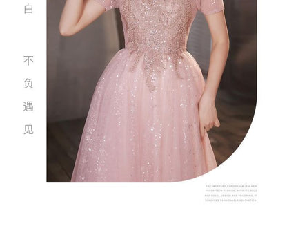 Evening Gown Glitter A-Line Short-Sleeve Dress / Mesh