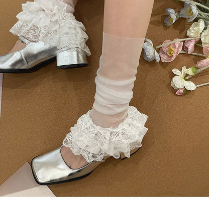 Lace Ruffled Shirred Mesh Socks