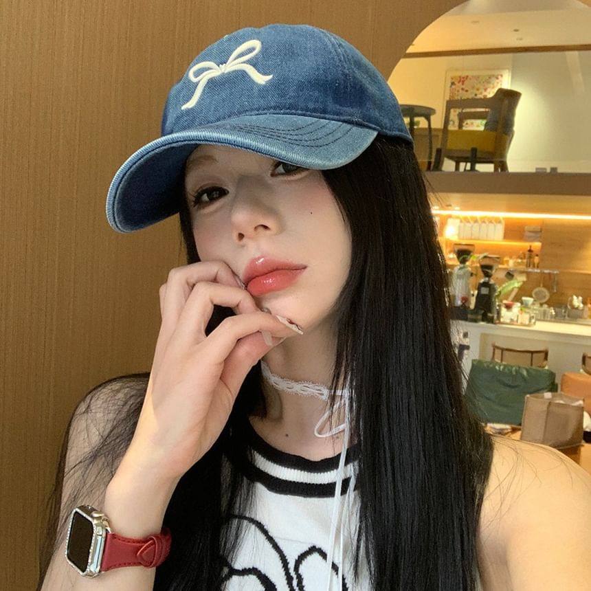 Washed Embroidered Cap Baseball Bow Denim