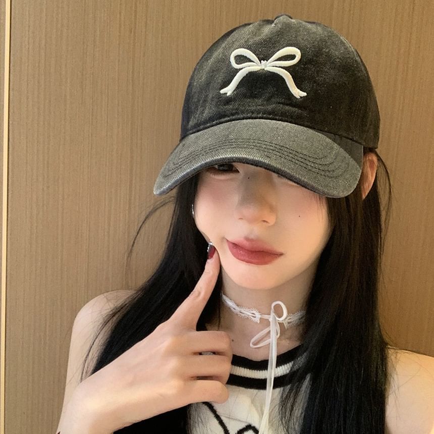 Washed Embroidered Cap Baseball Bow Denim