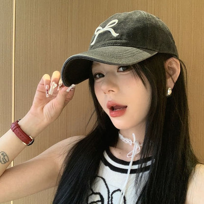 Washed Embroidered Cap Baseball Bow Denim