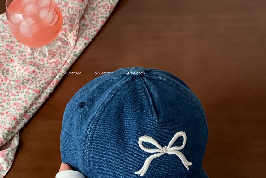 Bow Embroidered Washed Denim Baseball Cap