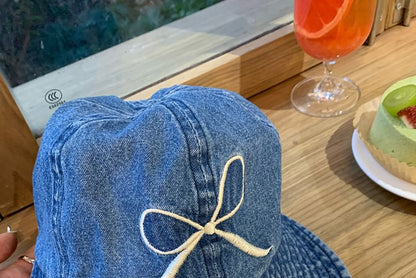 Brim Denim Embroidered Cap Wide Washed Bow