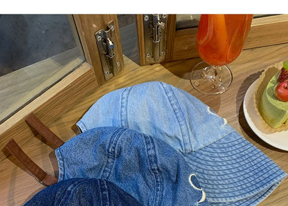 Brim Denim Embroidered Cap Wide Washed Bow