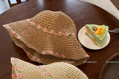 Floral Embroidered Straw Sun Hat