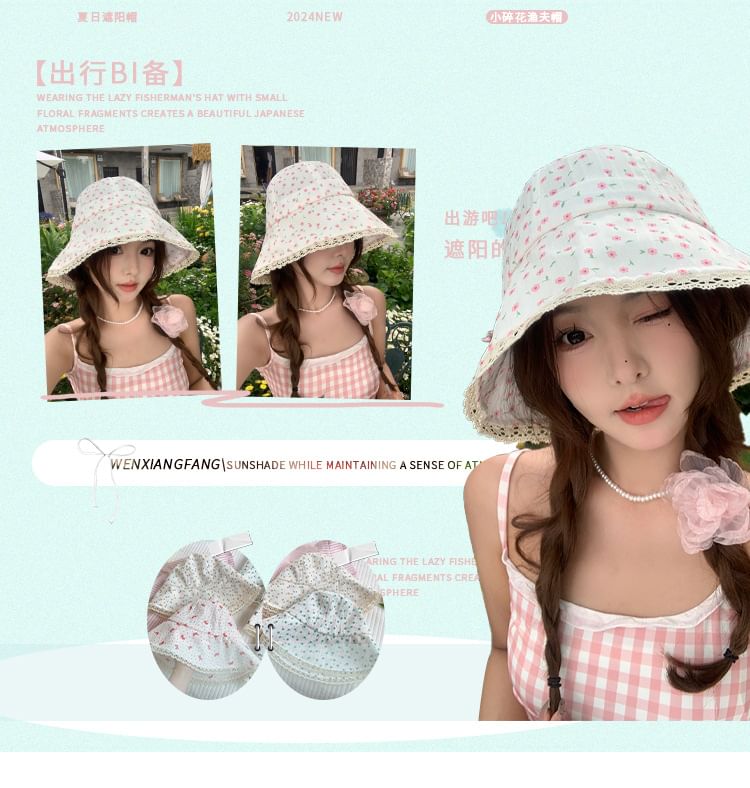 Print Lace Trim Bucket Hat