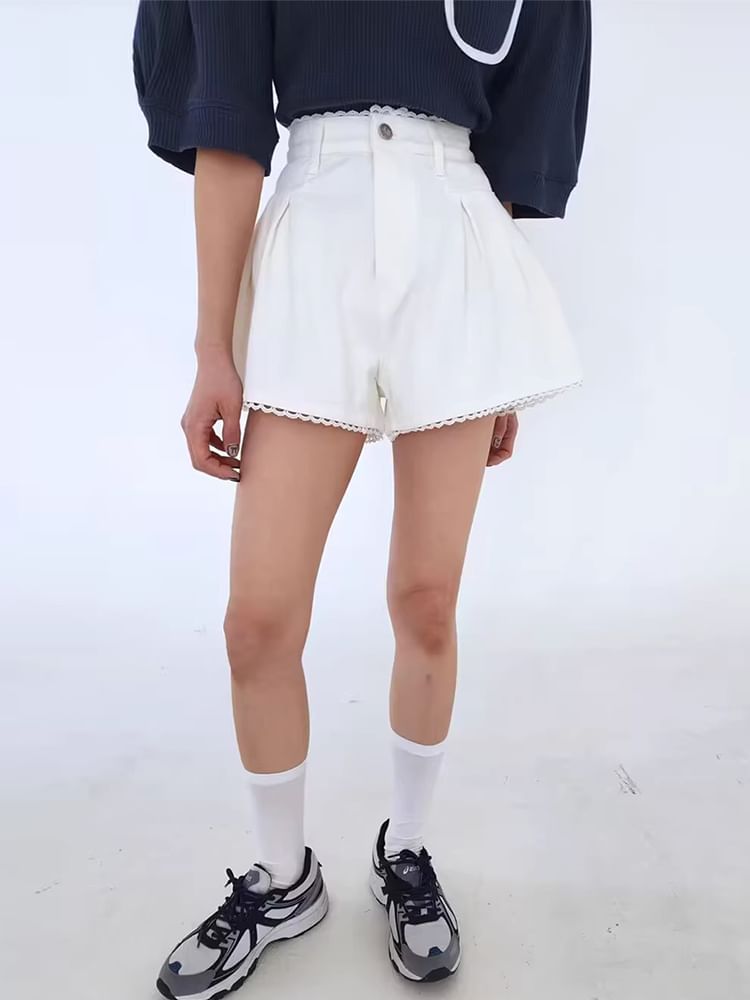 High Waist Lace Trim Washed Denim Shorts