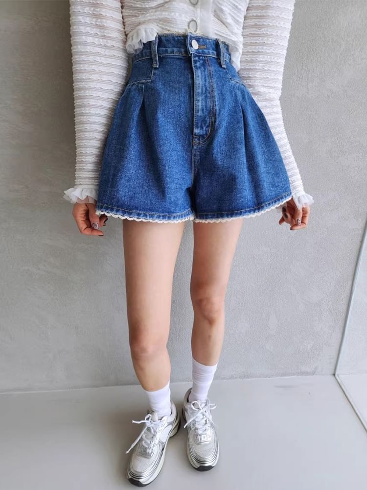 High Waist Lace Trim Washed Denim Shorts