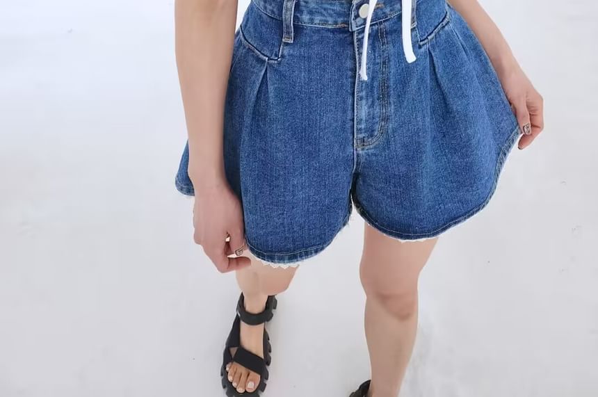 High Waist Lace Trim Washed Denim Shorts