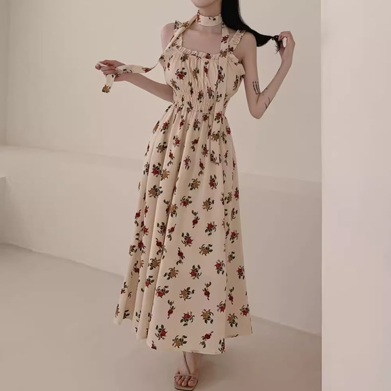 Sleeveless Square Neck Floral Midi A-Line Dress