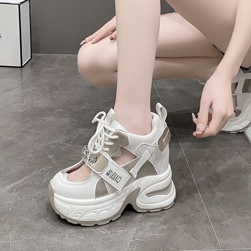 Hidden Platform Rhinestone Wedge Sneakers Panel Cutout