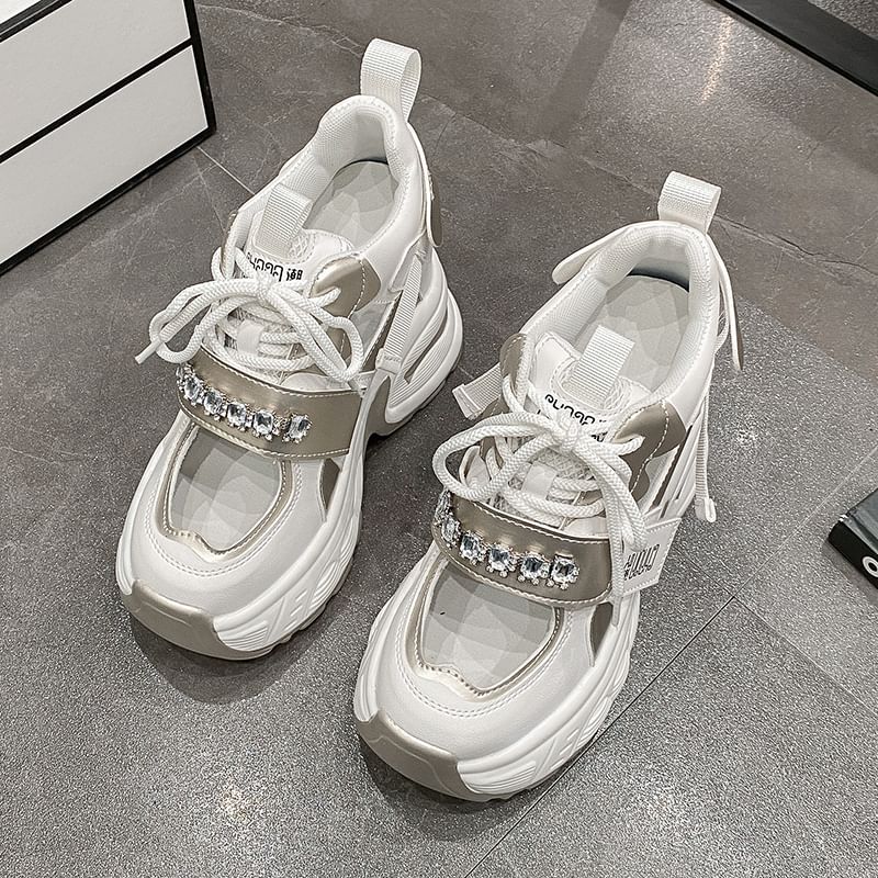 Hidden Platform Rhinestone Wedge Sneakers Panel Cutout