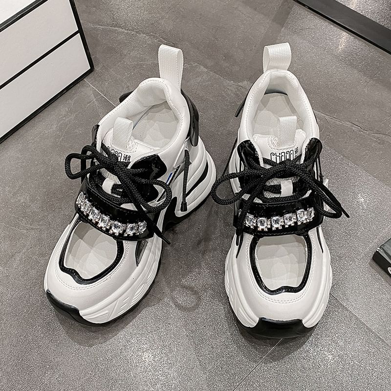 Hidden Platform Rhinestone Wedge Sneakers Panel Cutout