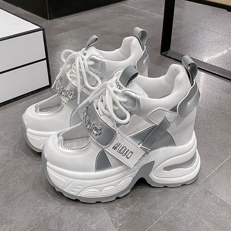 Hidden Platform Rhinestone Wedge Sneakers Panel Cutout