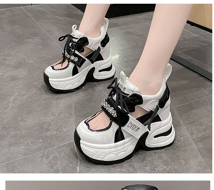 Hidden Platform Rhinestone Wedge Sneakers Panel Cutout
