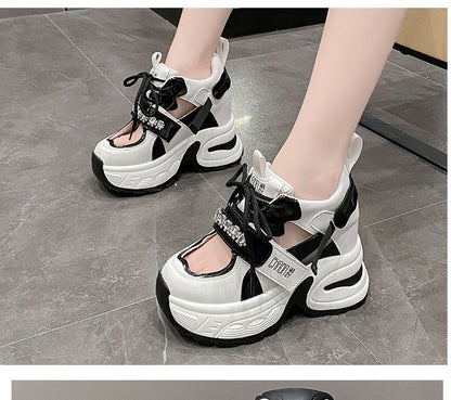 Hidden Platform Rhinestone Wedge Sneakers Panel Cutout