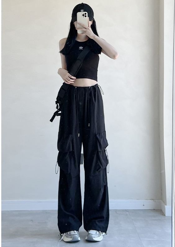 High Rise Drawstring Pocket Plain Wide Leg Parachute Cargo Pants