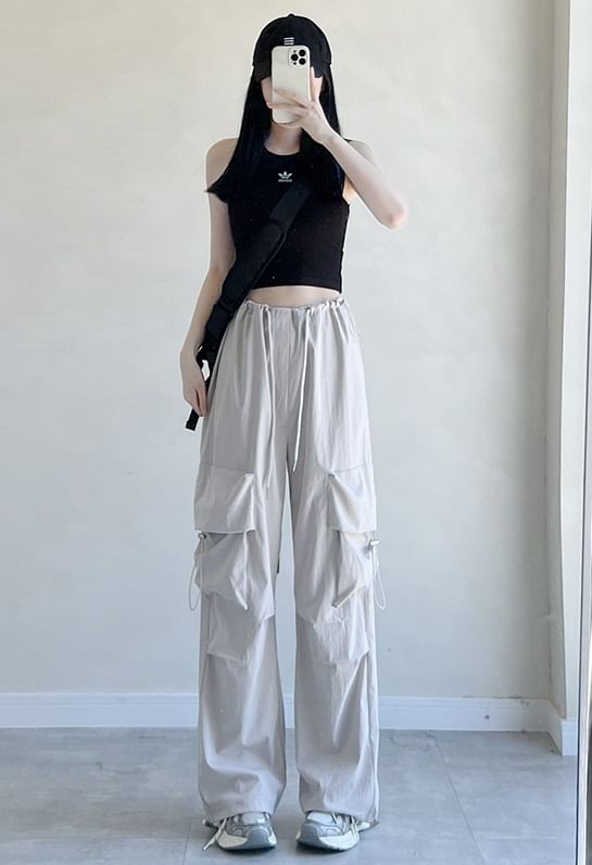 High Rise Drawstring Pocket Plain Wide Leg Parachute Cargo Pants