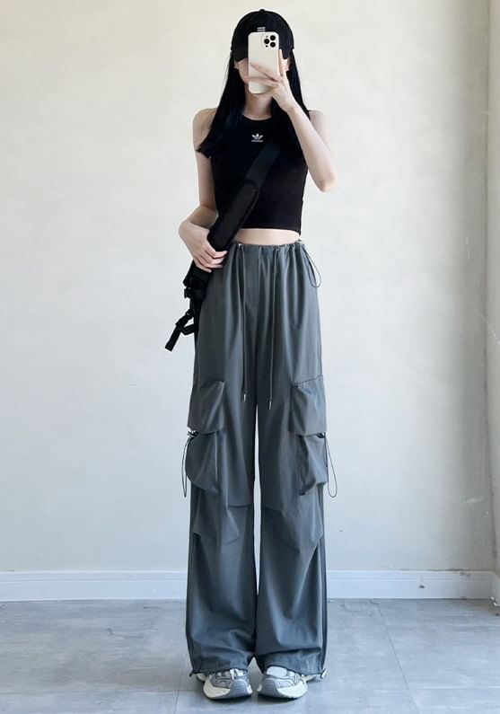 High Rise Drawstring Pocket Plain Wide Leg Parachute Cargo Pants