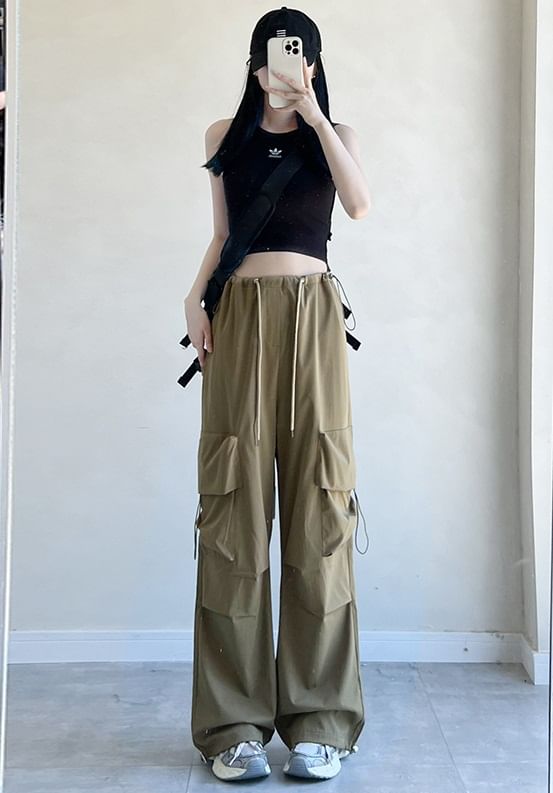 High Rise Drawstring Pocket Plain Wide Leg Parachute Cargo Pants