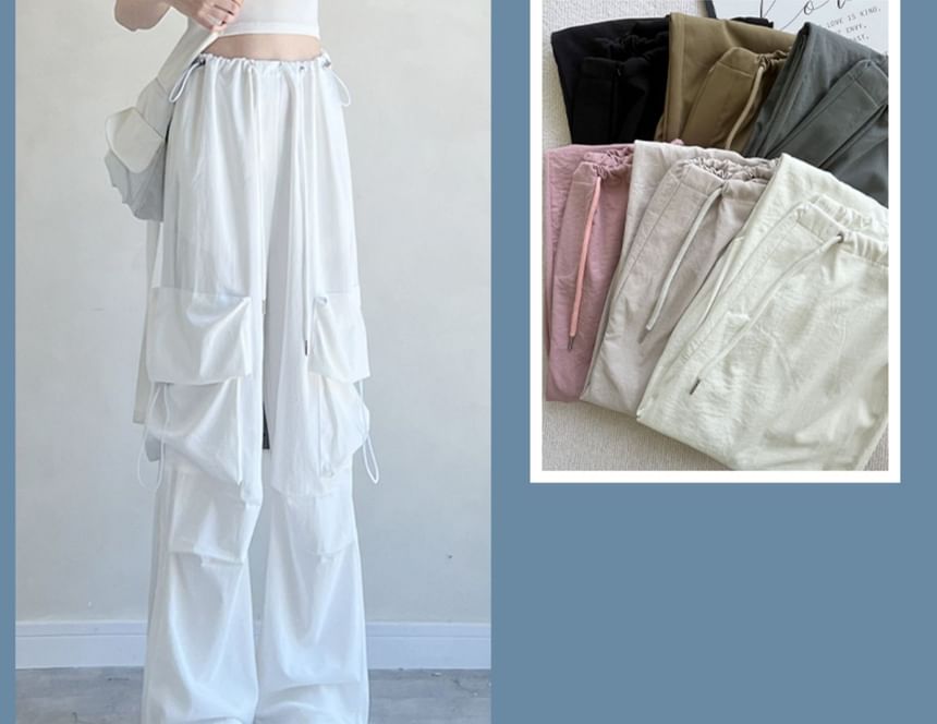 High Rise Drawstring Pocket Plain Wide Leg Parachute Cargo Pants