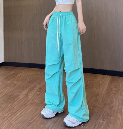 High Waist Drawstring Pocket Plain Wide Leg Gather Cuff Parachute Cargo Pants