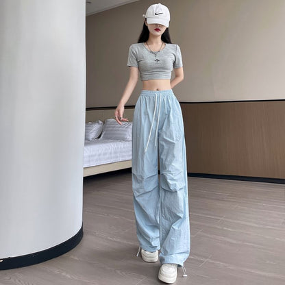 High Waist Drawstring Pocket Plain Wide Leg Gather Cuff Parachute Cargo Pants