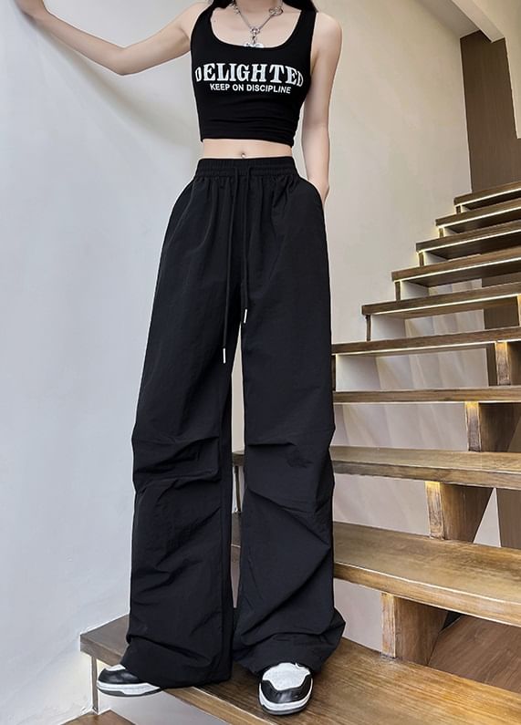 High Waist Drawstring Pocket Plain Wide Leg Gather Cuff Parachute Cargo Pants