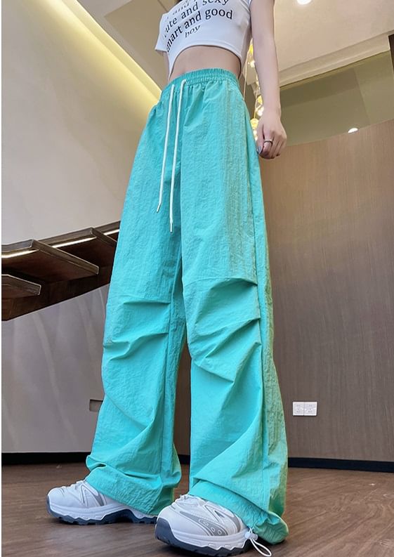 High Waist Drawstring Pocket Plain Wide Leg Gather Cuff Parachute Cargo Pants