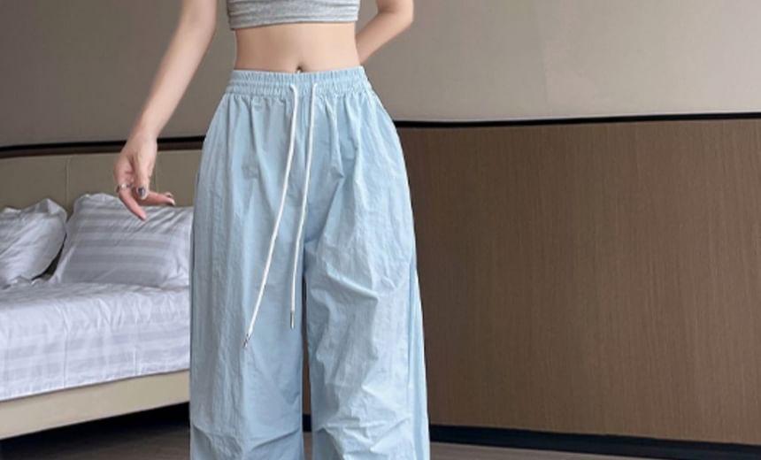 High Waist Drawstring Pocket Plain Wide Leg Gather Cuff Parachute Cargo Pants