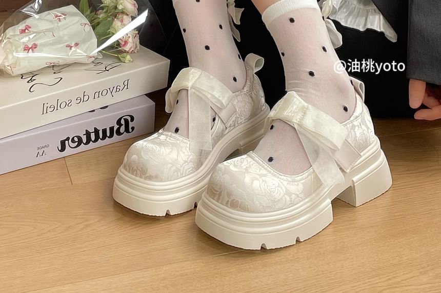 Platform Adhesive Strap Floral Jacquard Bow Accent Mary Jane Shoes