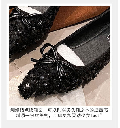 Ballerines à paillettes et bout pointu avec nœud