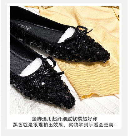 Ballerines à paillettes et bout pointu avec nœud