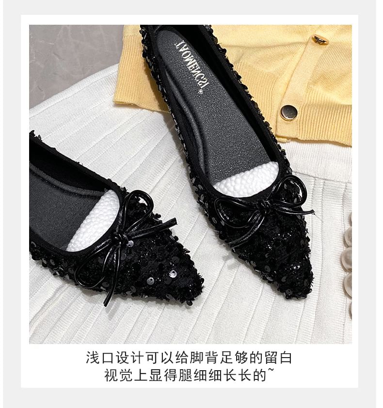 Ballerines à paillettes et bout pointu avec nœud