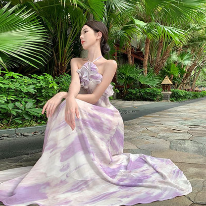 Robe longue d'été à volants et à motifs