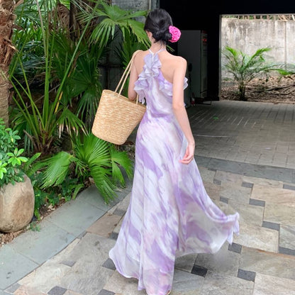 Robe longue d'été à volants et à motifs