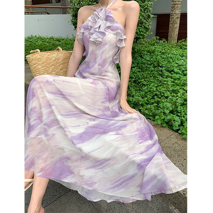 Robe longue d'été à volants et à motifs