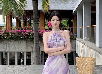 Robe longue d'été à volants et à motifs