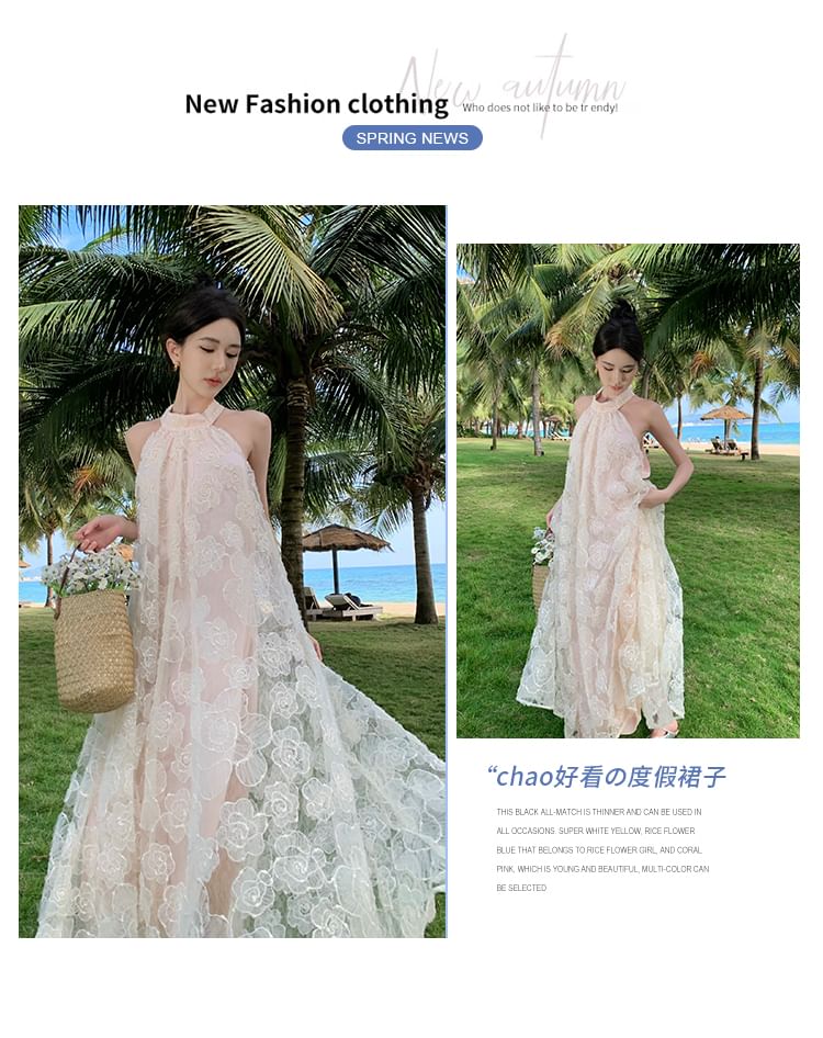 Robe longue d'été brodée de fleurs à licou