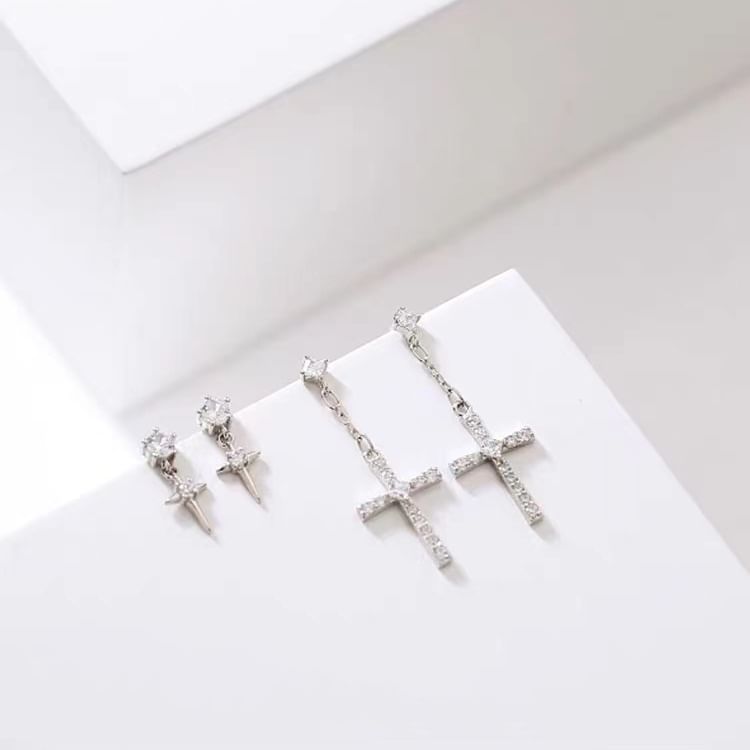 925 Sterling Silver Rhinestone Cross Asymmetrical Drop Earring