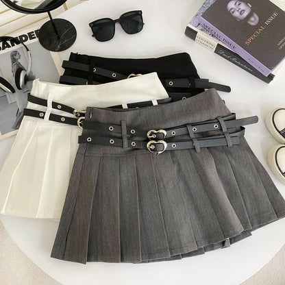 Plain Pleated Belted Mini A-Line Skirt