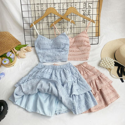 Set: Plain Lace Crop Cami Top + Elastic Waist Tiered Mini A-Line Skirt